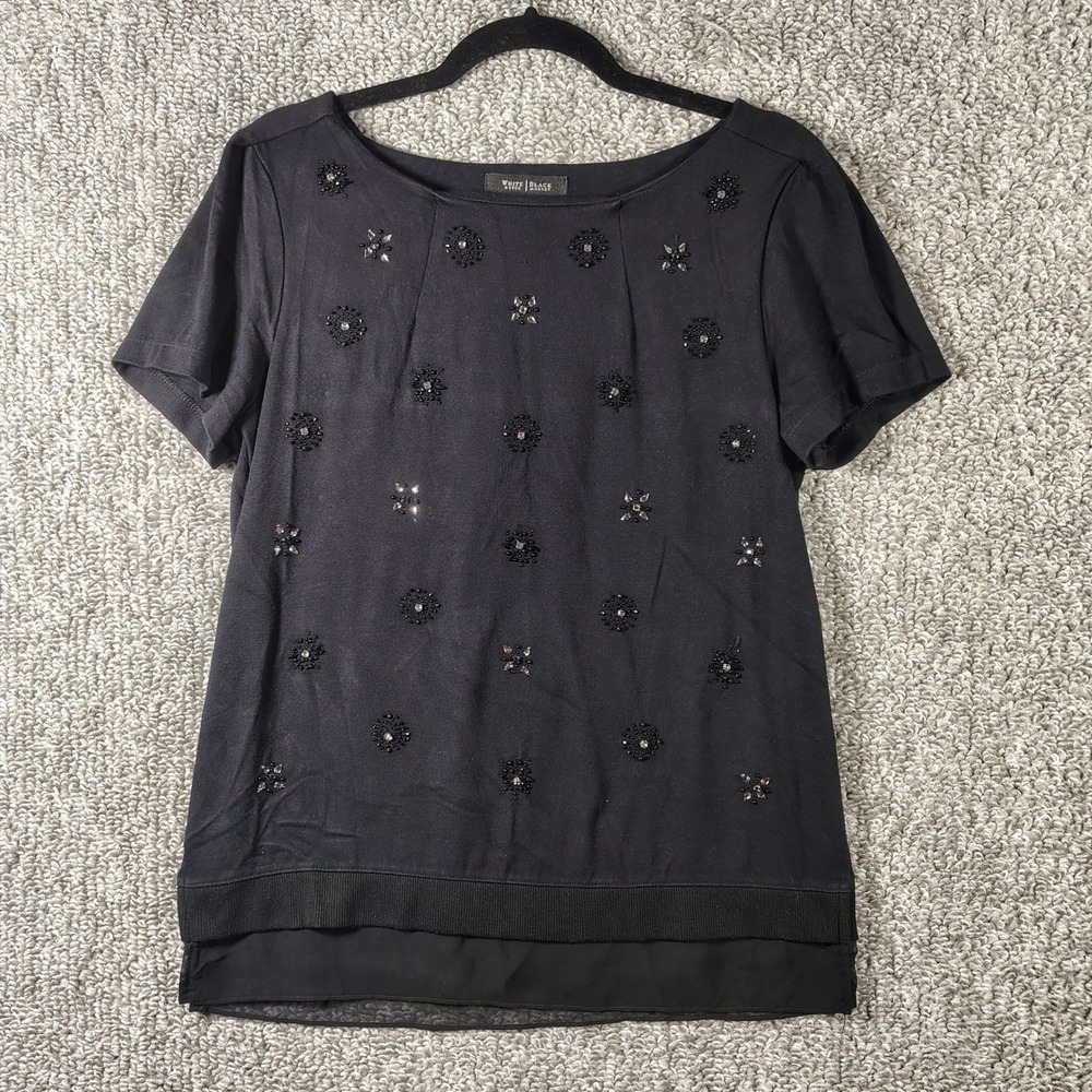 White House Black Market Top Black Embellish Chiffon Hem Women Small Whimsygoth